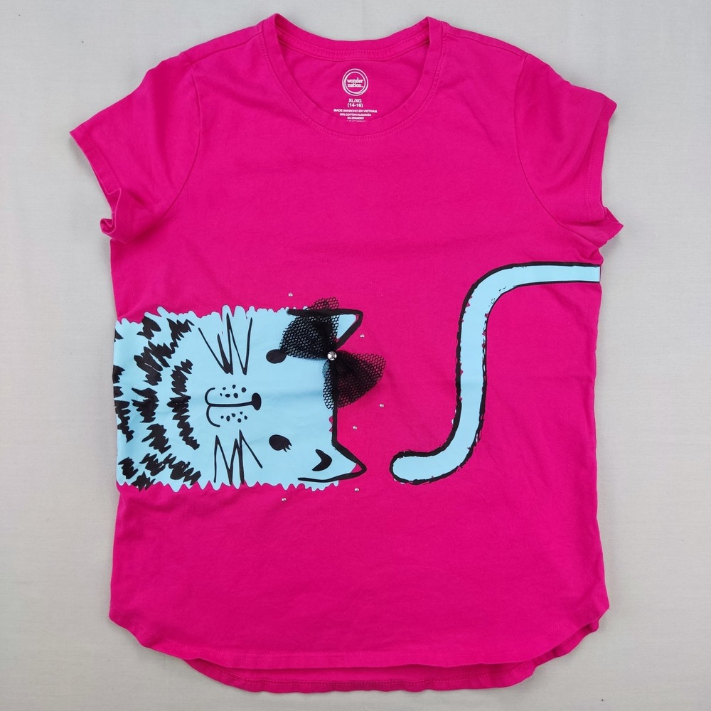 Wonder Nation T-Shirt Girls XL 14-16 Pink Fuchsia Burst Cat Graphic 3D Bow